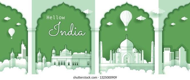 Panorama paper art style vector of Taj Mahal and Famous Landmarks India for Travel banner or postcard illustration