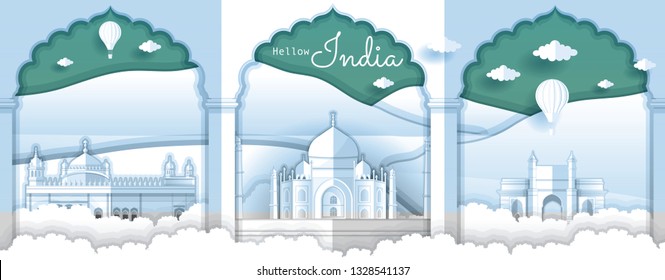 Panorama paper art style vector of Taj Mahal and Famous Landmarks India for Travel banner or postcard illustration