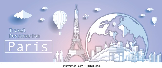 Panorama paper art style vector of Famous Landmarks France for Travel banner or postcard illustration