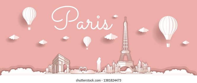 Panorama paper art style vector of Famous Landmarks France for Travel banner or postcard illustration