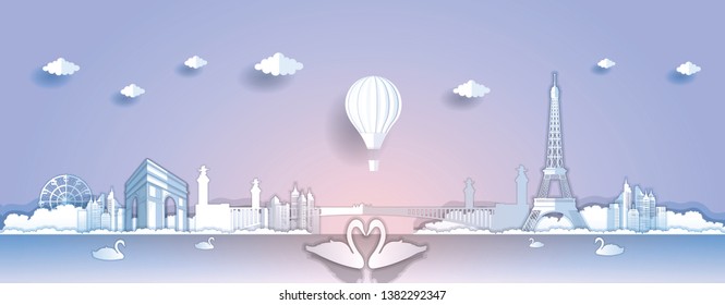Vector de estilo de arte de papel panorámico de Lugares famosos famosos Francia para Anuncio de viaje o ilustración de postal