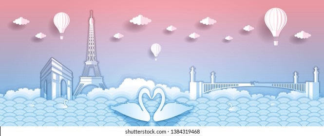 Panorama paper art style vector of Famous Landmarks France for Travel banner or postcard illustration
