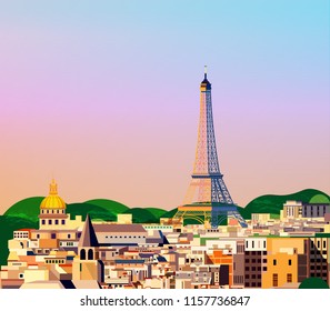  Panorama of Paris flat style vector illustration Travel and tourism background. Vector illustration.  Paris architecture. Cartoon Paris symbols and objects