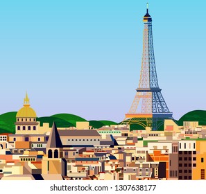  Panorama of Paris flat style vector illustration Travel and tourism background. Vector illustration.  Paris architecture. Cartoon Paris symbols and objects