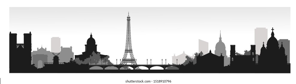 Panorama of Paris flat style vector illustration. Cartoon Paris architecture symbols and objects. Paris city skyline vector background. Flat trendy illustration.