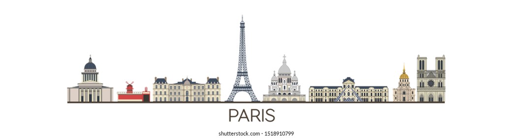 Panorama of Paris flat style vector illustration. Cartoon Paris architecture symbols and objects. Paris city skyline vector background. Flat trendy illustration.