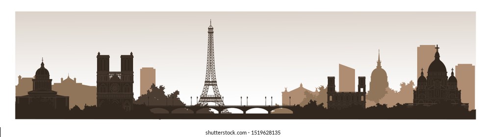 Panorama of Paris flat style vector illustration. Cartoon Paris architecture symbols and objects. Paris sepia city skyline vector background. Flat trendy illustration.