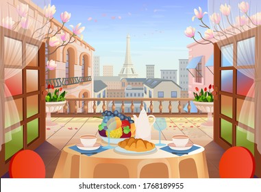 Panorama paris street with open doors, table with chairs, old houses, tower and flowers. Exit to the terrace with city view Vector illustration of city street in cartoon style.