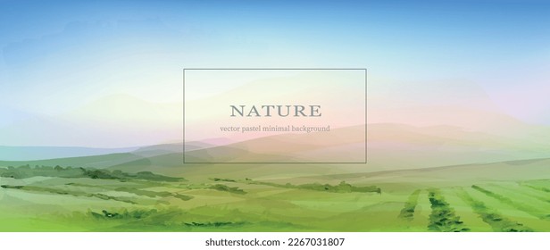 Panorama peaceful rural nature in springtime with green fields landscape. Sunrise, mountains, aerial view minimal background. Watercolor vector illustration for spring and summer banner