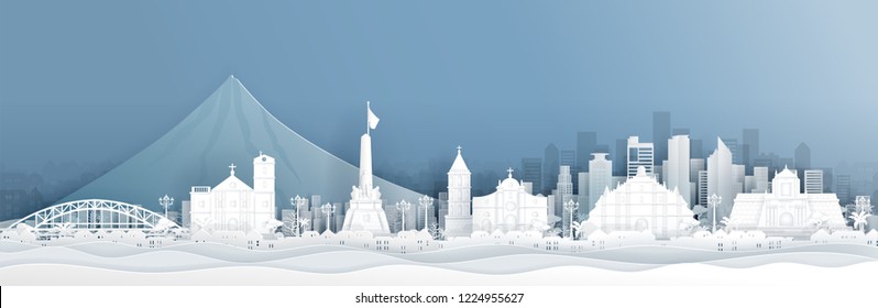 Panorama Of Philippines With World Famous Landmarks In Paper Cut Style Vector Illustration