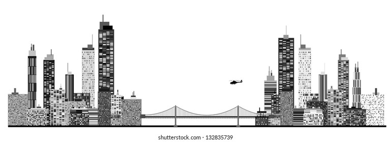 A panorama picture of city skyline with chain bridge and helicopter