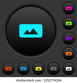 Panorama picture dark push buttons with vivid color icons on dark grey background