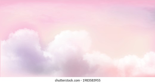 Panorama cielo rosa y detalles de nubes blancas. Nubes azucaradas de algodón rosa para el diseño.Cielo de verano con un cielo claro colorido.Bonita naturaleza,Fantasía fondo pastel.Copia de la ilustración del vector espacial.