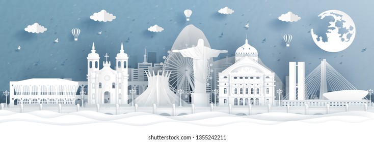 Panorama postcard and travel poster of Brazil world famous landmarks in paper cut style vector illustration