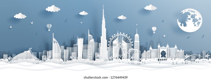 Panorama postcard and travel poster with travel to Dubai concept with skyline and famous landmark in paper cut style vector illustration