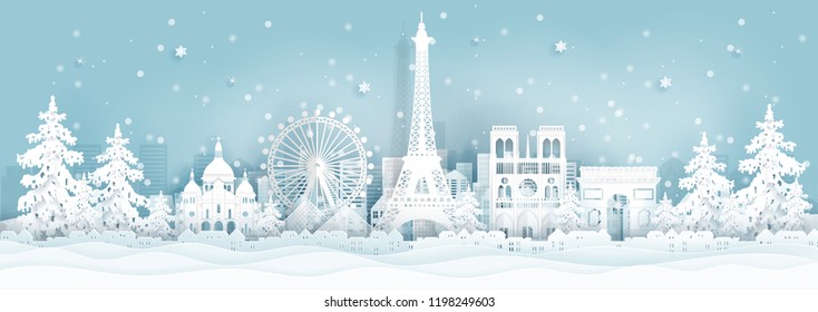 Panorama postcard and travel poster of world famous landmarks of Paris ,France in winter season in paper cut style vector illustration