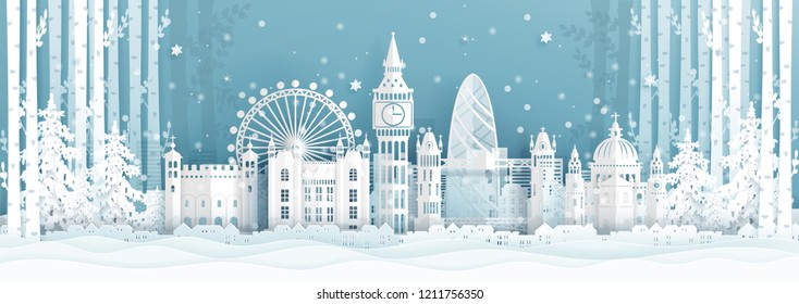 Panorama postcard and travel poster of world famous landmarks of London ,England in winter season in paper cut style vector illustration