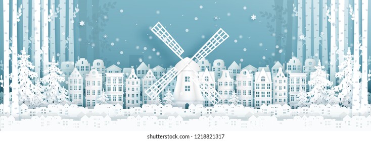 Panorama postcard and travel poster of world famous landmarks of Amsterdam, The Netherlands in winter season in paper cut style vector illustration