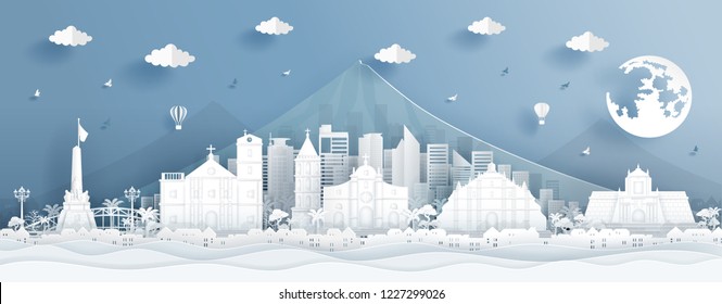 Panorama postcard and travel poster of world famous landmarks of Phillippines in paper cut style vector illustration