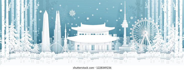 Panorama postcard and travel poster of world famous landmarks of Seoul, South Korea in winter season in paper cut style vector illustration