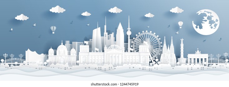 Panorama postcard and travel poster of world famous landmarks of Germany in paper cut style vector illustration