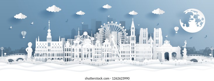 Panorama postcard and travel poster of world famous landmarks of Belgium in paper cut style vector illustration