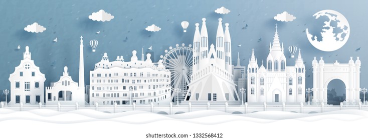 Panorama postcard and travel poster of world famous landmarks of Barcelona, Spain in paper cut style vector illustration