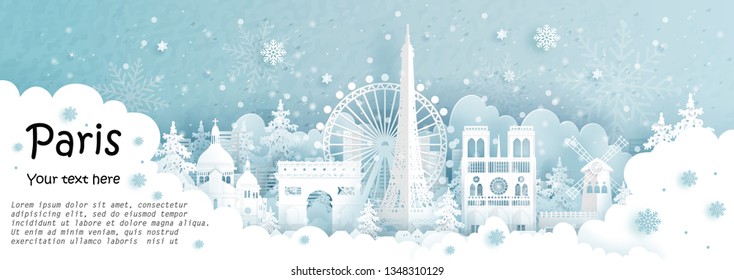 Panorama postcard and travel poster of world famous landmarks of Paris, France in winter season in paper cut style vector illustration