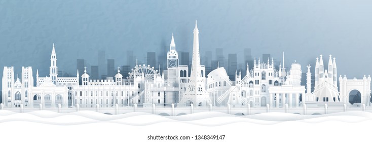 Panorama postcard and travel poster of world famous landmarks of Europe, Holland, France, Germany, Belgium, Spain and England in paper cut style vector illustration