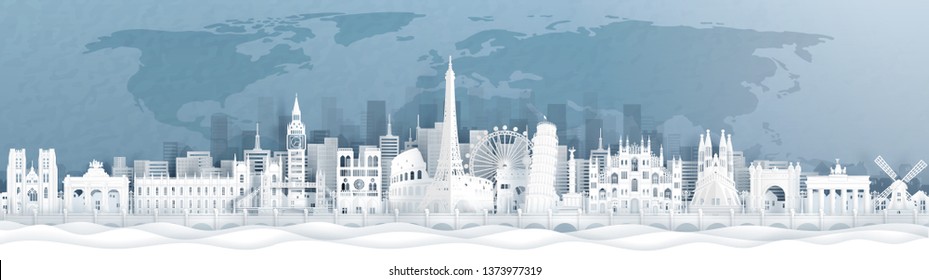 Panorama postcard and travel poster of world famous landmarks of europe, Holland, France, Germany, Belgium, Spain and England in paper cut style vector illustration