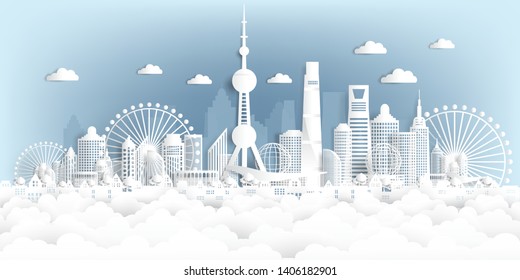 Panorama postcard and travel poster of world famous landmarks paper cut style vector illustration