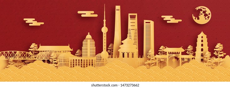 Cartel Panorama y afiche de viajes de famosos lugares de Shanghái, China, en ilustración vectorial de corte de papel