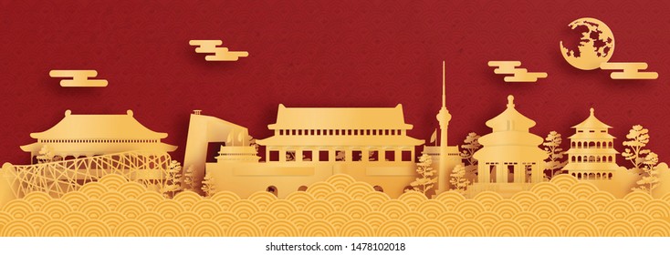 Panorama postcard and travel poster of world famous landmarks of Beijing, China in paper cut style vector illustration