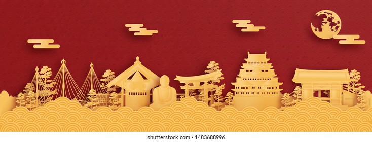 Panorama postcard and travel poster of world famous landmarks of Nagoya, Japan in paper cut style vector illustration