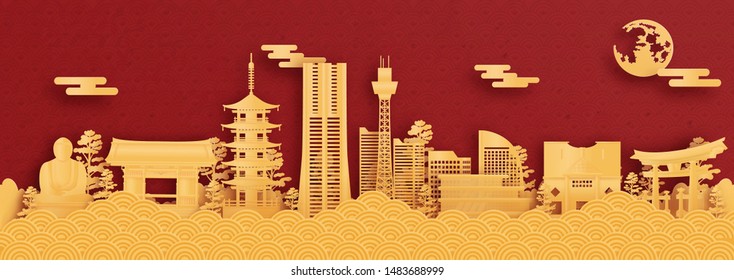 Panorama postcard and travel poster of world famous landmarks of Yokohama, Japan in paper cut style vector illustration