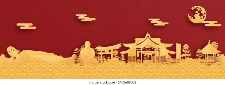 Panorama postcard and travel poster of world famous landmarks of Fukuoka, Japan in paper cut style vector illustration