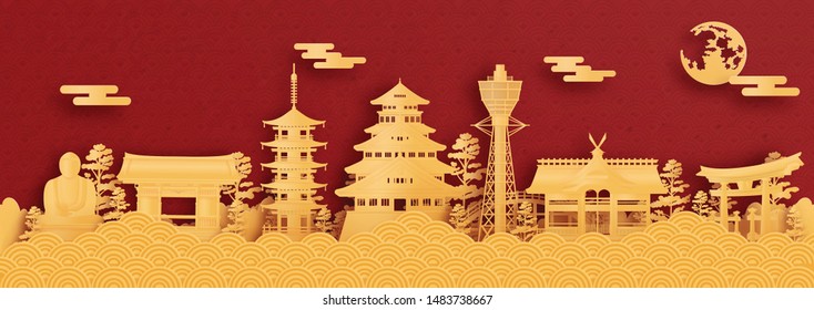 Panorama postcard and travel poster of world famous landmarks of Osaka, Japan in paper cut style vector illustration