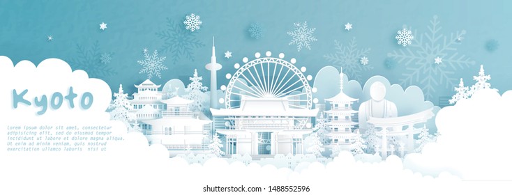 Panorama postcard and travel poster of world famous landmarks of Kyoto, Japan in winter season with falling snow in paper cut style vector illustration