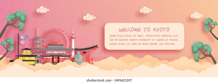 Panorama postcard and travel poster of world famous landmarks of Kyoto, Japan in paper cut style vector illustration