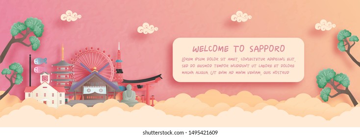 Panorama postcard and travel poster of world famous landmarks of Sapporo, Japan in paper cut style vector illustration