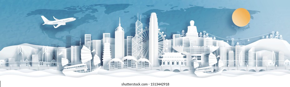 Panorama postcard and travel poster of world famous landmarks of Hong Kong, China in paper cut style vector illustration