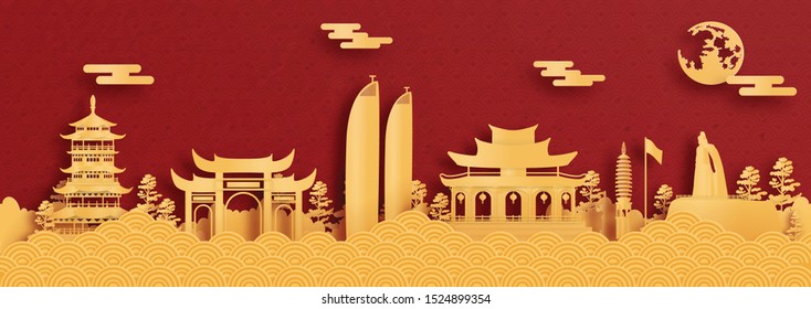 Panorama postcard and travel poster of world famous landmarks of Xiamen, China in paper cut style vector illustration