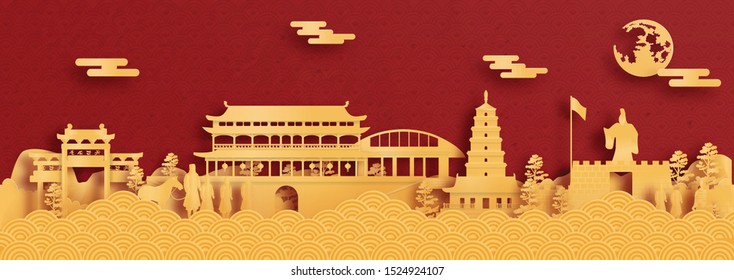 Panorama postcard and travel poster of world famous landmarks of Xian, China in paper cut style vector illustration