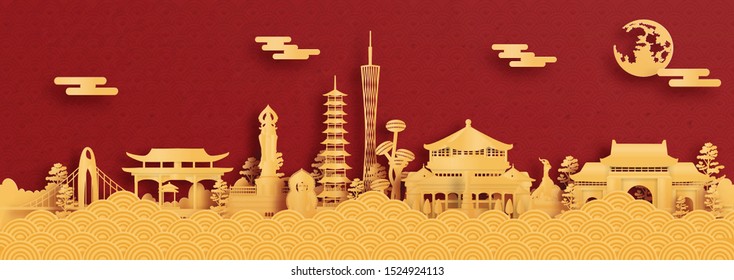 Panorama postcard and travel poster of world famous landmarks of Guangzhou, China in paper cut style vector illustration