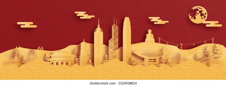 Panorama postcard and travel poster of world famous landmarks of Hong Kong, China in paper cut style vector illustration