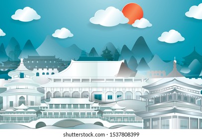 Panorama postcard and travel poster of world famous landmarks of China skyline with flag concept in paper cut style vector illustration