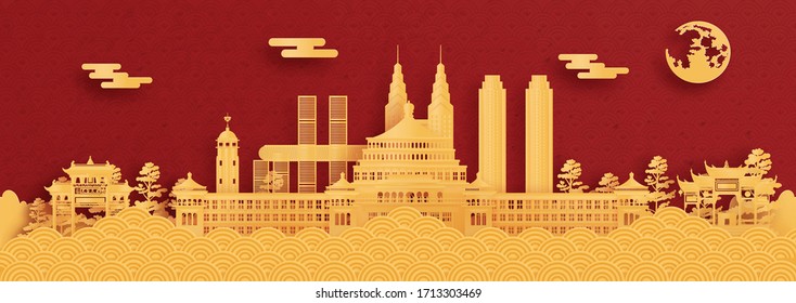 Panorama postcard and travel poster of world famous landmarks of Chongqing, China in paper cut style vector illustration