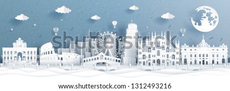 Panorama postcard and travel poster of world famous landmarks of Italy in paper cut style vector illustration