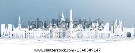 Panorama postcard and travel poster of world famous landmarks of Europe, Holland, France, Germany, Belgium, Spain and England in paper cut style vector illustration