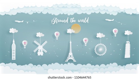 Panorama postcard of world famous landmark of country in Europe. Paris, Holland, Italy and England in paper cut style vector illustration.